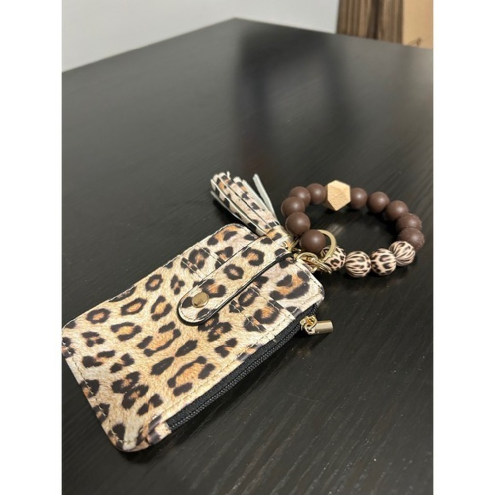 Leopard Print Card Holder Keychain Wristlet Tassel‎ Zipper Pouch ID Holder